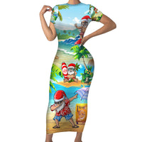 Guam Christmas Short Sleeve Bodycon Dress Santa Claus Beach and Wave DT02 Long Dress Art - Polynesian Pride
