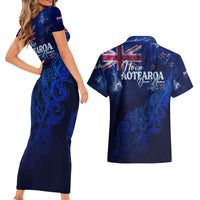 Personalised New Zealand Couples Matching Short Sleeve Bodycon Dress and Hawaiian Shirt Aotearoa Map Silver Fern DT02 - Polynesian Pride
