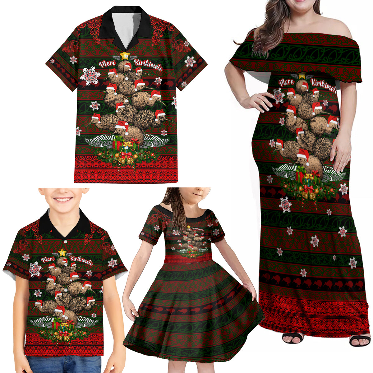 Meri Kirihimete New Zealand Family Matching Off Shoulder Maxi Dress and Hawaiian Shirt Christmas Kiwi Maori DT02 - Polynesian Pride