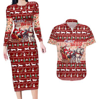 Dog Sled Christmas Couples Matching Long Sleeve Bodycon Dress and Hawaiian Shirt Husky Sleigh Ride Design - Polynesian Pride