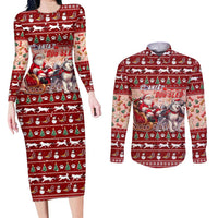 Dog Sled Christmas Couples Matching Long Sleeve Bodycon Dress and Long Sleeve Button Shirt Husky Sleigh Ride Design - Polynesian Pride