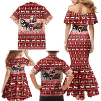Dog Sled Christmas Family Matching Mermaid Dress and Hawaiian Shirt Husky Sleigh Ride Design - Polynesian Pride