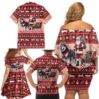 Dog Sled Christmas Family Matching Off Shoulder Short Dress and Hawaiian Shirt Husky Sleigh Ride Design - Polynesian Pride