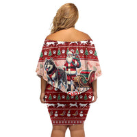 Dog Sled Christmas Family Matching Off Shoulder Short Dress and Hawaiian Shirt Husky Sleigh Ride Design - Polynesian Pride