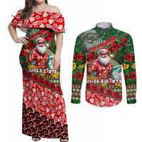 Mele Kalikimaka Shaka Santa Couples Matching Off Shoulder Maxi Dress and Long Sleeve Button Shirt Hawaiian Surf Christmas Design with Aloha Spirit - Polynesian Pride