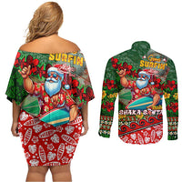 Mele Kalikimaka Shaka Santa Couples Matching Off Shoulder Short Dress and Long Sleeve Button Shirt Hawaiian Surf Christmas Design with Aloha Spirit - Polynesian Pride