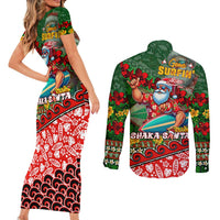 Mele Kalikimaka Shaka Santa Couples Matching Short Sleeve Bodycon Dress and Long Sleeve Button Shirt Hawaiian Surf Christmas Design with Aloha Spirit - Polynesian Pride