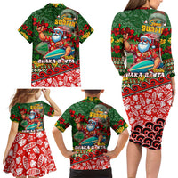 Mele Kalikimaka Shaka Santa Family Matching Long Sleeve Bodycon Dress and Hawaiian Shirt Hawaiian Surf Christmas Design with Aloha Spirit - Polynesian Pride