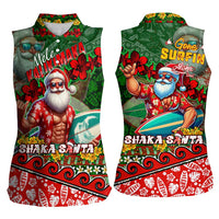 Mele Kalikimaka Shaka Santa Women Sleeveless Polo Shirt Hawaiian Surf Christmas Design with Aloha Spirit - Polynesian Pride