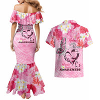 Butterfly Polynesia Breast Cancer Couples Matching Mermaid Dress and Hawaiian Shirt Nobody Fights Alone Pink Out Tropical Hibiscus