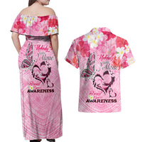 Butterfly Polynesia Breast Cancer Couples Matching Off Shoulder Maxi Dress and Hawaiian Shirt Nobody Fights Alone Pink Out Tropical Hibiscus