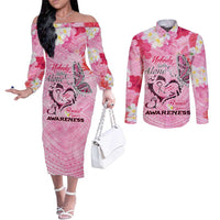 Butterfly Polynesia Breast Cancer Couples Matching Off The Shoulder Long Sleeve Dress and Long Sleeve Button Shirt Nobody Fights Alone Pink Out Tropical Hibiscus