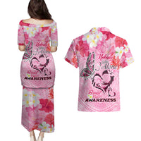 Butterfly Polynesia Breast Cancer Couples Matching Puletasi and Hawaiian Shirt Nobody Fights Alone Pink Out Tropical Hibiscus