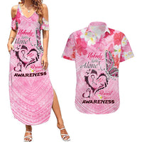 Butterfly Polynesia Breast Cancer Couples Matching Summer Maxi Dress and Hawaiian Shirt Nobody Fights Alone Pink Out Tropical Hibiscus