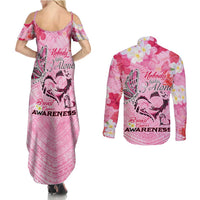 Butterfly Polynesia Breast Cancer Couples Matching Summer Maxi Dress and Long Sleeve Button Shirt Nobody Fights Alone Pink Out Tropical Hibiscus
