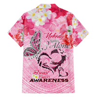 Butterfly Polynesia Breast Cancer Family Matching Off The Shoulder Long Sleeve Dress and Hawaiian Shirt Nobody Fights Alone Pink Out Tropical Hibiscus