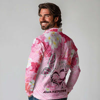 Butterfly Polynesia Breast Cancer Long Sleeve Polo Shirt Nobody Fights Alone Pink Out Tropical Hibiscus