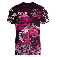 Breast Cancer Mermaid Polynesia Women V-Neck T-Shirt Faith Hope Love