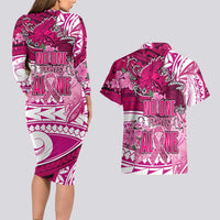 Breast Cancer Awareness Hawaii Couples Matching Long Sleeve Bodycon Dress and Hawaiian Shirt Polynesia Girl Nobody Fights Alone