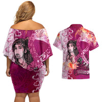 Breast Cancer New Zealand Couples Matching Off Shoulder Short Dress and Hawaiian Shirt Maori Aotearoa Girl Pink Out