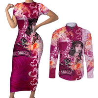 Breast Cancer New Zealand Couples Matching Short Sleeve Bodycon Dress and Long Sleeve Button Shirt Maori Aotearoa Girl Pink Out