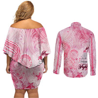 Breast Cancer Awareness Month Couples Matching Off Shoulder Short Dress and Long Sleeve Button Shirt Butterfly Polynesia Watercolor Pink