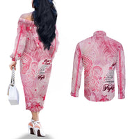 Breast Cancer Awareness Month Couples Matching Off The Shoulder Long Sleeve Dress and Long Sleeve Button Shirt Butterfly Polynesia Watercolor Pink