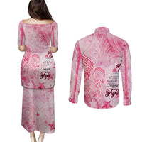 Breast Cancer Awareness Month Couples Matching Puletasi and Long Sleeve Button Shirt Butterfly Polynesia Watercolor Pink