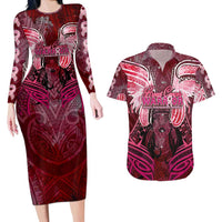 Breast Cancer Warrior Couples Matching Long Sleeve Bodycon Dress and Hawaiian Shirt Angel Wings Polynesian Pattern
