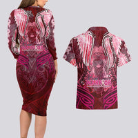Breast Cancer Warrior Couples Matching Long Sleeve Bodycon Dress and Hawaiian Shirt Angel Wings Polynesian Pattern