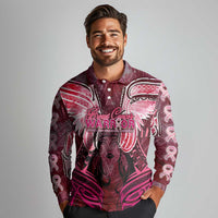 Breast Cancer Warrior Long Sleeve Polo Shirt Angel Wings Polynesian Pattern