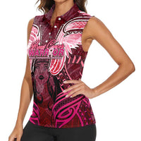 Breast Cancer Warrior Women Sleeveless Polo Shirt Angel Wings Polynesian Pattern