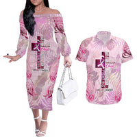 Breast Cancer Polynesian Couples Matching Off The Shoulder Long Sleeve Dress and Hawaiian Shirt I Can Do All Things Through Christ