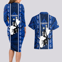 guam-chamorro-warrior-couples-matching-long-sleeve-bodycon-dress-and-hawaiian-shirt-traditional-tribal-patterns