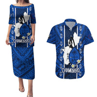 Guam Chamorro Warrior Couples Matching Puletasi Dress and Hawaiian Shirt Traditional Tribal Patterns DT02 Blue - Polynesian Pride