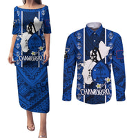 Guam Chamorro Warrior Couples Matching Puletasi Dress and Long Sleeve Button Shirts Traditional Tribal Patterns DT02 Blue - Polynesian Pride