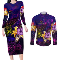 Wallis and Futuna Couples Matching Long Sleeve Bodycon Dress and Long Sleeve Button Shirt Whale Hibiscus Polynesian