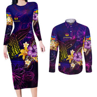 New Caledonia Couples Matching Long Sleeve Bodycon Dress and Long Sleeve Button Shirt Whale Hibiscus Polynesian