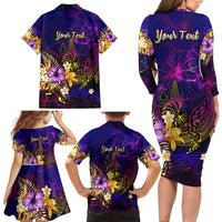 New Caledonia Family Matching Long Sleeve Bodycon Dress and Hawaiian Shirt Whale Hibiscus Polynesian