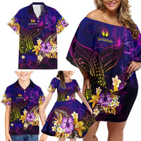 New Caledonia Family Matching Off Shoulder Short Dress and Hawaiian Shirt Whale Hibiscus Polynesian