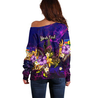 New Caledonia Off Shoulder Sweater Whale Hibiscus Polynesian