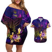 Tahiti French Polynesia Couples Matching Off Shoulder Short Dress and Hawaiian Shirt Whale Hibiscus Polynesian