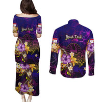 Tahiti French Polynesia Couples Matching Puletasi and Long Sleeve Button Shirt Whale Hibiscus Polynesian