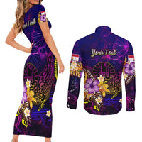 Tahiti French Polynesia Couples Matching Short Sleeve Bodycon Dress and Long Sleeve Button Shirt Whale Hibiscus Polynesian