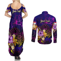 Tahiti French Polynesia Couples Matching Summer Maxi Dress and Long Sleeve Button Shirt Whale Hibiscus Polynesian