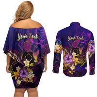 Cook Islands Couples Matching Off Shoulder Short Dress and Long Sleeve Button Shirt Whale Hibiscus Polynesian