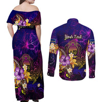 Nauru Couples Matching Off Shoulder Maxi Dress and Long Sleeve Button Shirt Whale Hibiscus Polynesian