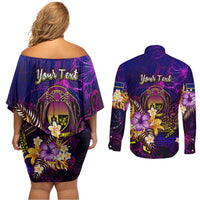 Nauru Couples Matching Off Shoulder Short Dress and Long Sleeve Button Shirt Whale Hibiscus Polynesian