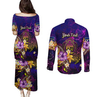 Nauru Couples Matching Puletasi and Long Sleeve Button Shirt Whale Hibiscus Polynesian