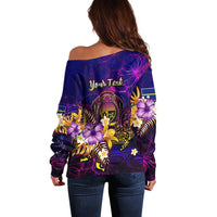 Nauru Off Shoulder Sweater Whale Hibiscus Polynesian